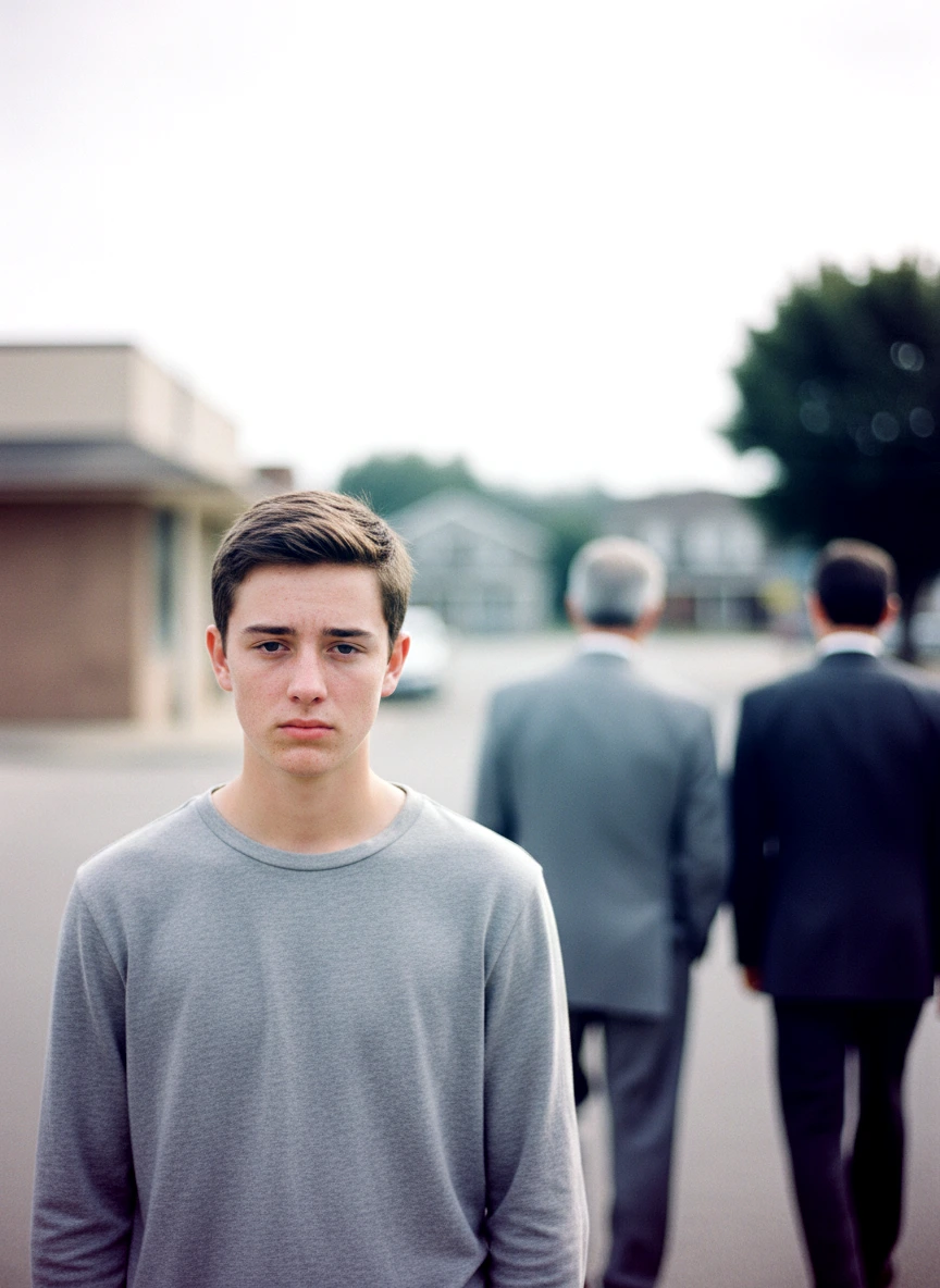 Ein junger Mann mit leerem Blick. Hinter ihm laufen zwei Älteste in die entgegengesetzte Richtung.