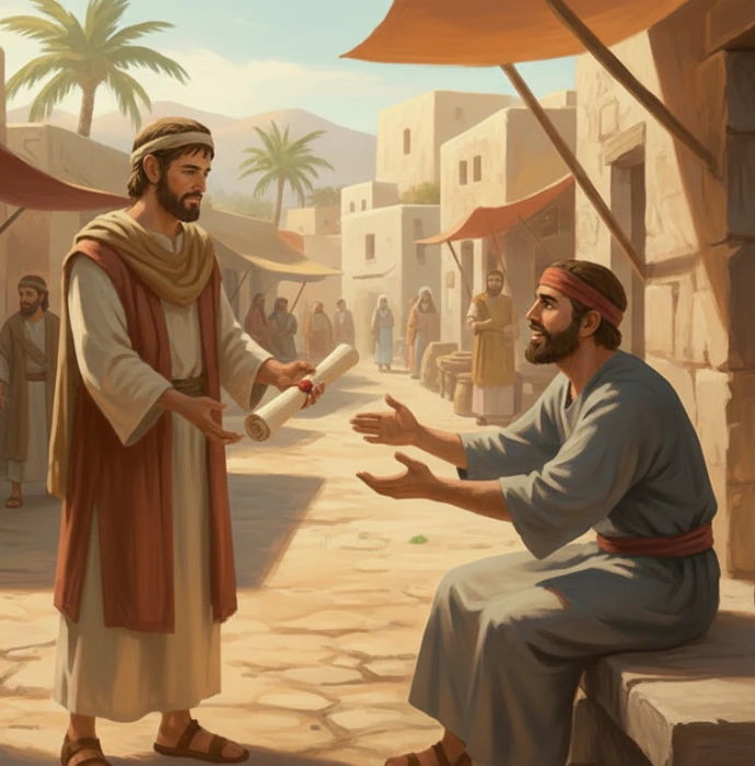 Szene aus biblischer Zeit - Ein Mann reicht einem anderen einen versiegelten Brief